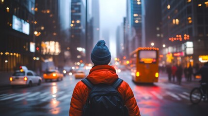 A person in an orange jacket and blue beanie stands on a city street, surrounded by tall buildings