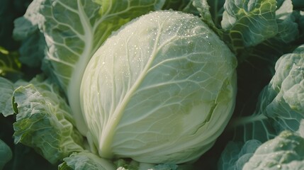 Obraz premium Fresh Green Cabbage Head in Garden Dew Drops