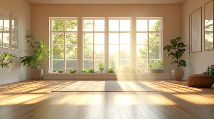 Fototapeta premium A serene, sunlit room with large windows, wooden flooring, and lush plants, creating a peaceful and inviting atmosphere.
