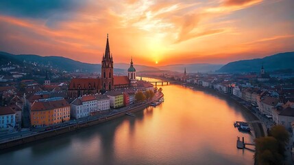 Obraz premium European City Sunset River Panoramic