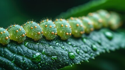 Fototapeta premium Close-up of a vibrant green caterpillar on a wet leaf, surrounded by lush foliage and droplets