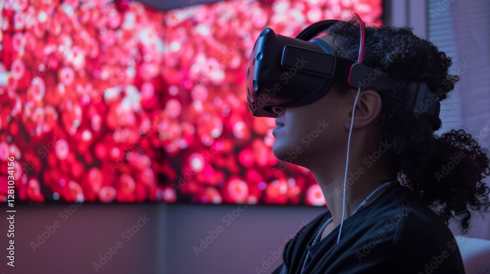 Aufkleber A person engages in digital therapy using virtual reality technology while seated in a calming room. Bright, abstract visuals on a large screen enhance the mindfulness experience.