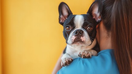 French bulldog embraced by young asian female against bright yellow background.