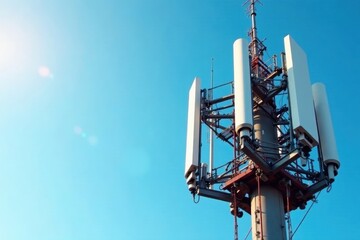 Close-up view of phone base station antennas on a telecommunication tower, high-tech, industrial
