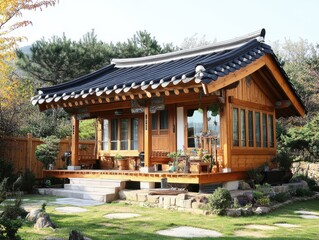 Obraz premium A traditional Korean building is shown in a scenic landscape