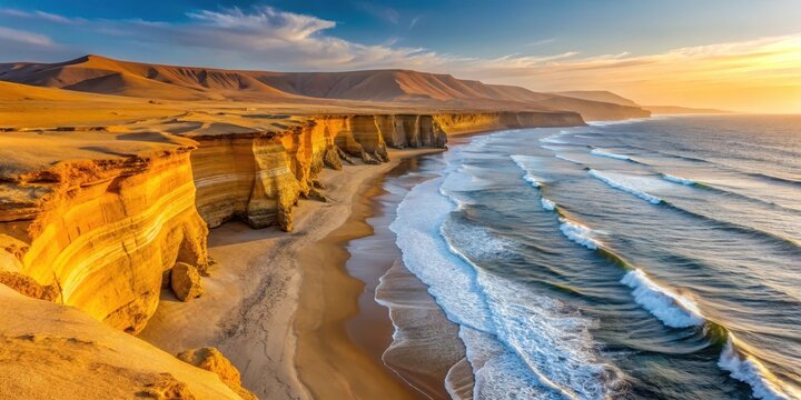 A serene landscape of Playa de la Mina's rugged coastline with towering cliffs and endless dunes of golden sand in Paracas desert at sunrise , nature, terrain