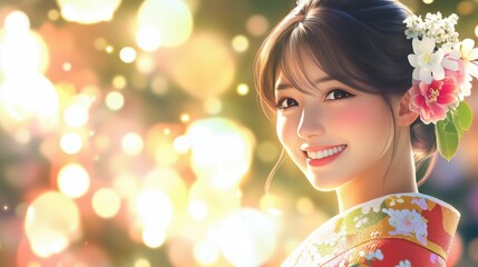 Fototapeta premium Cheerful woman in traditional attire smiling against a vibrant background filled with soft, glowing lights