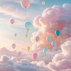 Fototapeta premium Soft pastel balloons drift among fluffy clouds, creating a whimsical atmosphere against a tranquil sunset sky decorated with soft pink and blue hues