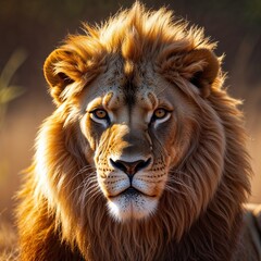 Naklejka premium A proud lion with a thick, luxurious mane rests confidently in the tall grass of the savannah. Sunlight highlights its features, showcasing its fierce yet calm demeanor
