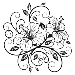 Hibiscus Flower Line Art: Detailed Floral Vector Illustration of Tropical Blossoms, Swirls, and Leaves - Elegant Black and White Design