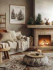 A cozy winter scene shows a warm living room setup