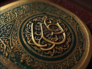 Obraz premium Detailed Gold Islamic Calligraphy on a Dark Green Plate