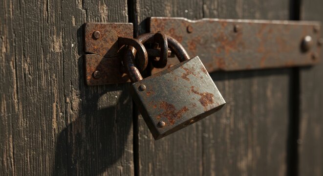Weathered security a vintage rusty padlock on aged wooden door