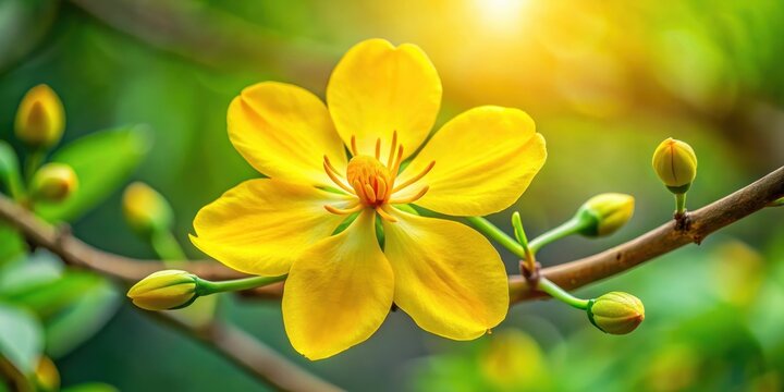 Close-up of vibrant yellow Ochna integerrima flower with delicate petals and prominent center, set against a soft green background, yellow blooms, flower close-up