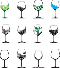 wine glass vector black silhouette illustration logo art design bundle