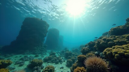 Underwater coral restoration structures with bleached corals and sunlight	