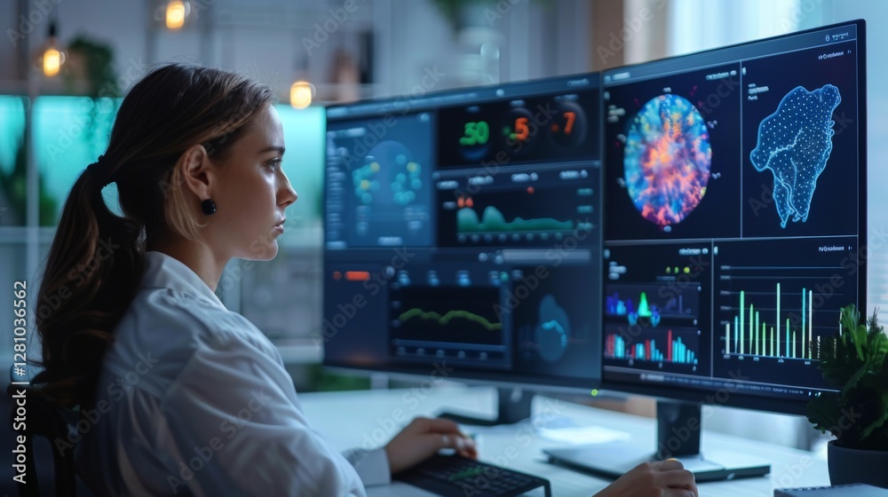 Poster A professional focused on data analysis in a modern office setting, utilizing digital tools to enhance mental health strategies through mindfulness and telemedicine applications.