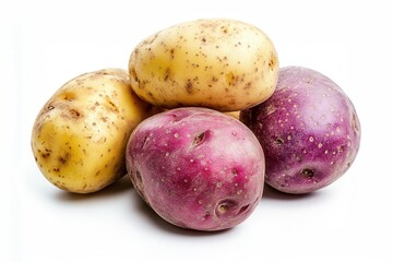 Fresh yellow and purple potatoes piled on white background.