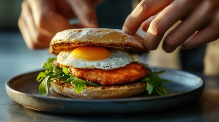 Gourmet breakfast sandwich with fried egg and chicken on english muffin.