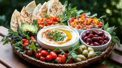Colorful mediterranean platter with hummus, veggies, and olives on rustic tray.
