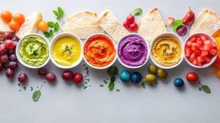 Colorful variety of hummus with fresh vegetables, bread, and fruits on gray background.
