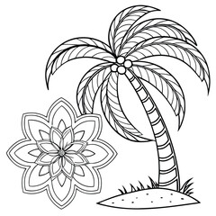 Palm Tree & Mandala Coloring Page: Tropical Island Scene, Detailed Line Art for Relaxation & Creative Coloring Fun for Adults & Kids