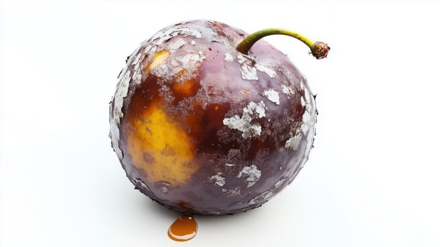 Overripe fruit showing signs of decay with visible mold and dripping juice on a white surface
