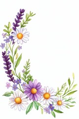 Fototapeta premium A vibrant floral arrangement featuring purple and white flowers with green foliage, beautifully designed in a corner layout.