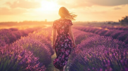 Fototapeta premium Woman walks through lavender field during sunset in a picturesque landscape with vibrant flowers and a warm sky