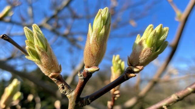 Fresh spring buds emerging on tree branches against clear blue sky.