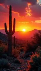 Fiery orange desert sunset, cacti bathed in magical light, photography, magical