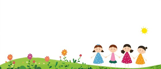 whimsical, child-friendly illustration with four cartoon children holding hands on a green hillside.