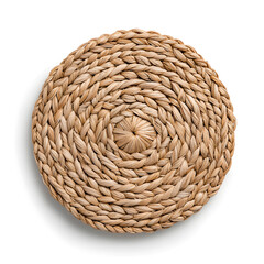 Obraz premium Round woven rattan placemat with a spiral pattern the placemat is a light brown color isolated on white