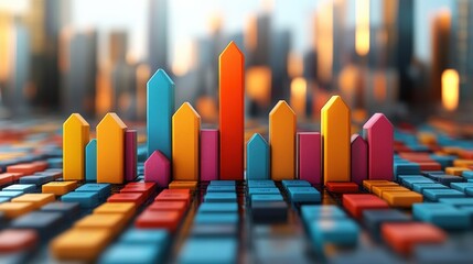 Colorful 3D bar graph representing data analysis in a vibrant cityscape background