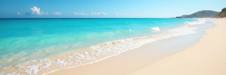 Fototapeta premium Soft blue ocean meeting clean sandy beach, bright sunlight , sand, nature