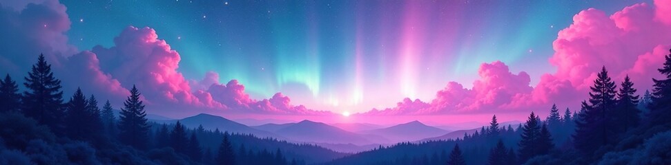 Fototapeta premium Soft pink clouds dance across the sky as stars twinkle above, forest, , aurora borealis