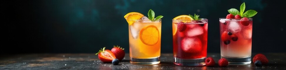 Vibrant fruit gin & tonic cocktails, dark background, still life, photography