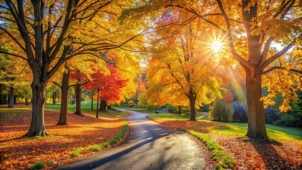 Fototapeta premium A winding road surrounded by vibrant autumn leaves in a picturesque park setting, with sunlight filtering through the canopy above , outdoor scenery, colorful trees