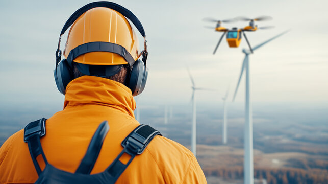 worker in safety helmet and headphones observes drone near wind turbines, showcasing modern technology in renewable energy