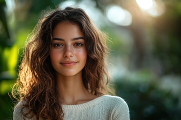 Naklejka premium Young woman with curly hair smiling warmly in a sunlit garden with lush greenery and a soft bokeh background