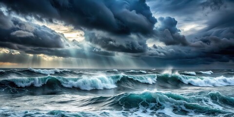 Fototapeta premium A stormy sea with dark grey clouds and heavy rain, turbulent, darkening horizon, turbulent, darkening horizon,storm