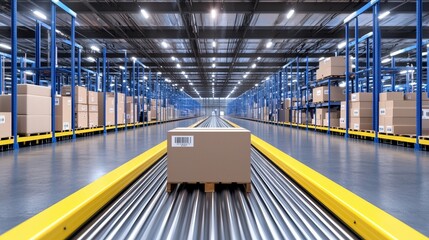 A modern warehouse with conveyor belts transporting cardboard boxes, showcasing an organized system for efficient logistics and distribution.