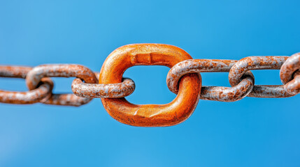 Fototapeta premium close up of rusty metal chain link against blue sky background, symbolizing strength and connection