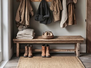 Cozy entryway and clothes bench with coats and boots