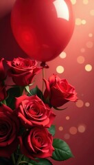 Luxurious red roses arrangement, red balloon, sparkling bokeh, valentines day background, love