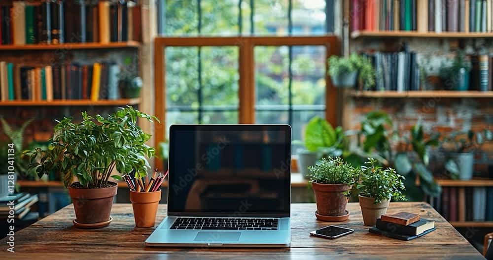 Aufkleber laptop on a wooden desk with potted plants in front of a bookshelf and window