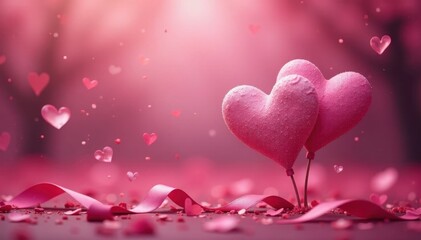 Pink hearts & ribbons dance on blurred backdrop, conveying affection, ribbons, anniversary