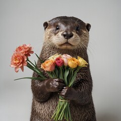 "A happy otter holding a bouquet of flowers, looking like it’s gifting them, against a white background."
