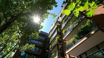 Eco-friendly architecture seamlessly blends with the natural world, as exemplified by a green tree standing alongside an apartment building