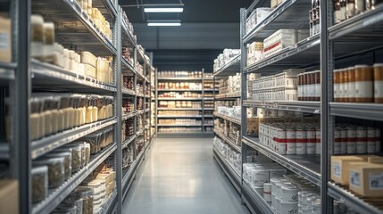 Obraz premium A spacious aisle in a well-organized storage area, lined with shelves full of packaged goods and products.